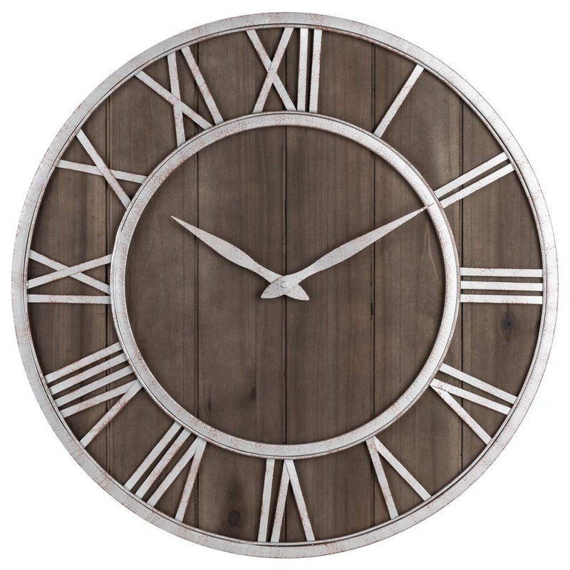 Oldtown Clocks Oldtown Farmhouse Metal & Solid Wood Noiseless Wall Clock (Dark Brown, 24-inch) - Image 1